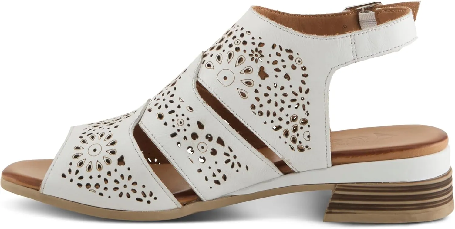 Spring Step Plasma Leather Women's Sandal | Low Heel Sandals for Women with Floral Perforated Full Coverage Upper, Stretch Buckle Closure