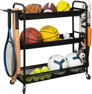 STORAGE MANIAC Basketball Rack 3-Shelf Training Stand Ball Holder Sports Ball Cart Garage Organizer Ball Basket Storage, Ball Rack for Garage or Gym, Indoor & Outdoor Sports Equipment Organizer