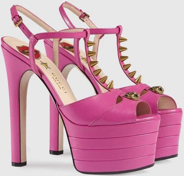 Studded Leather Platform Sandal Pump, Fuchsia