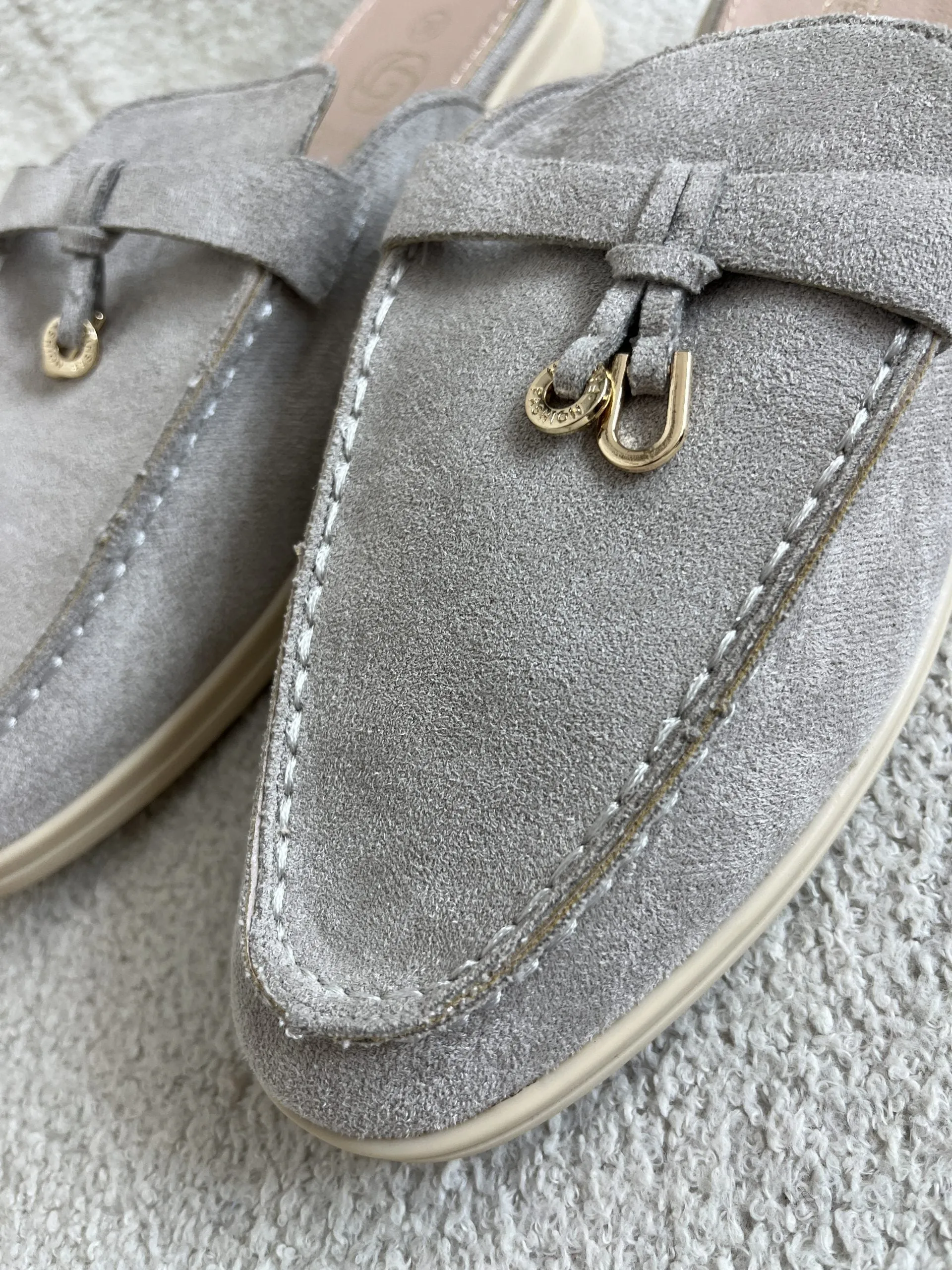 Suede Loafer Sliders With Gold Charm Detail  ( 2 Colours )