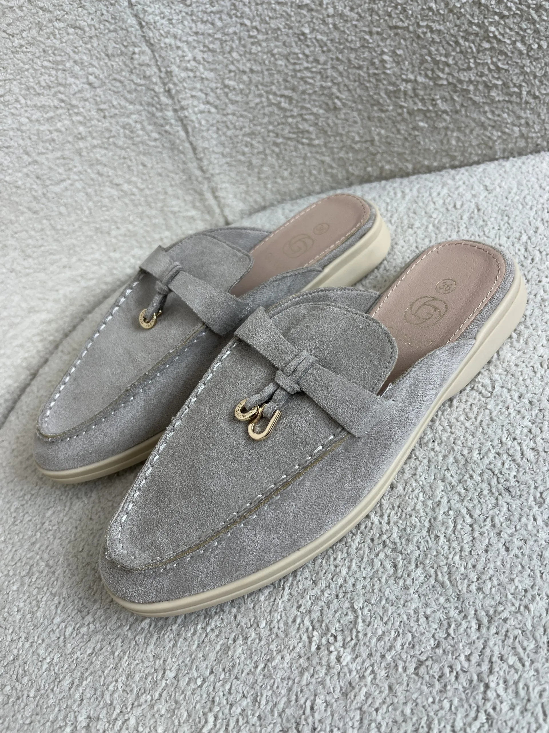 Suede Loafer Sliders With Gold Charm Detail  ( 2 Colours )