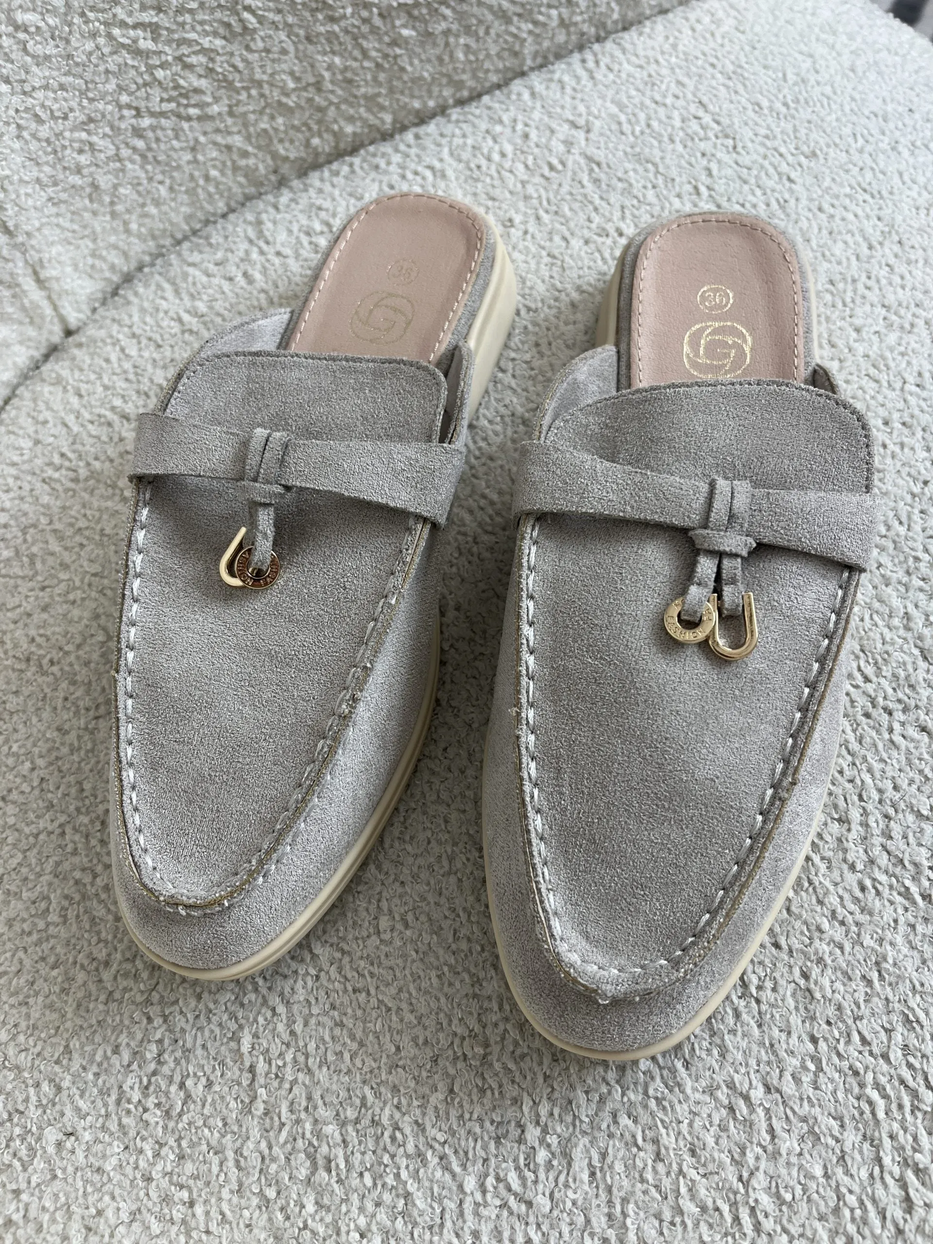 Suede Loafer Sliders With Gold Charm Detail  ( 2 Colours )