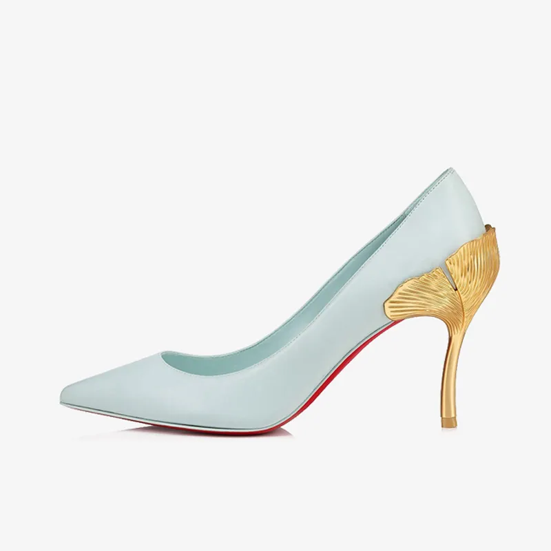 Teal Pump with Golden Ginkgo Leaf Heel