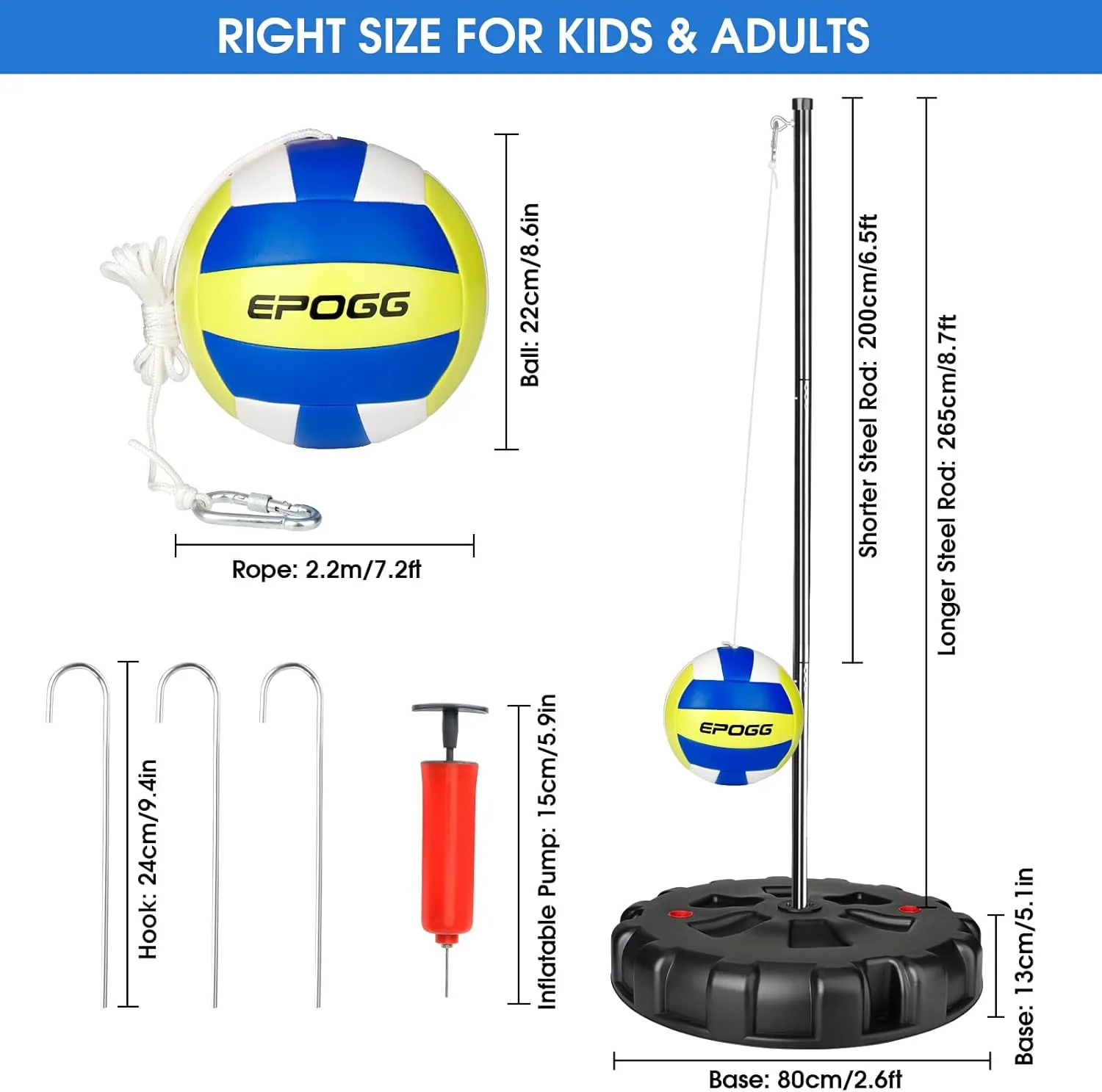 Tetherball Set with Base - Outdoor Portable Tetherball Set with Balls/Pump/Cord/Stakes/Heavy Duty Poles, Family Fun Outdoor Activity Tetherball Set for Outdoor Backyard Lawn Beach