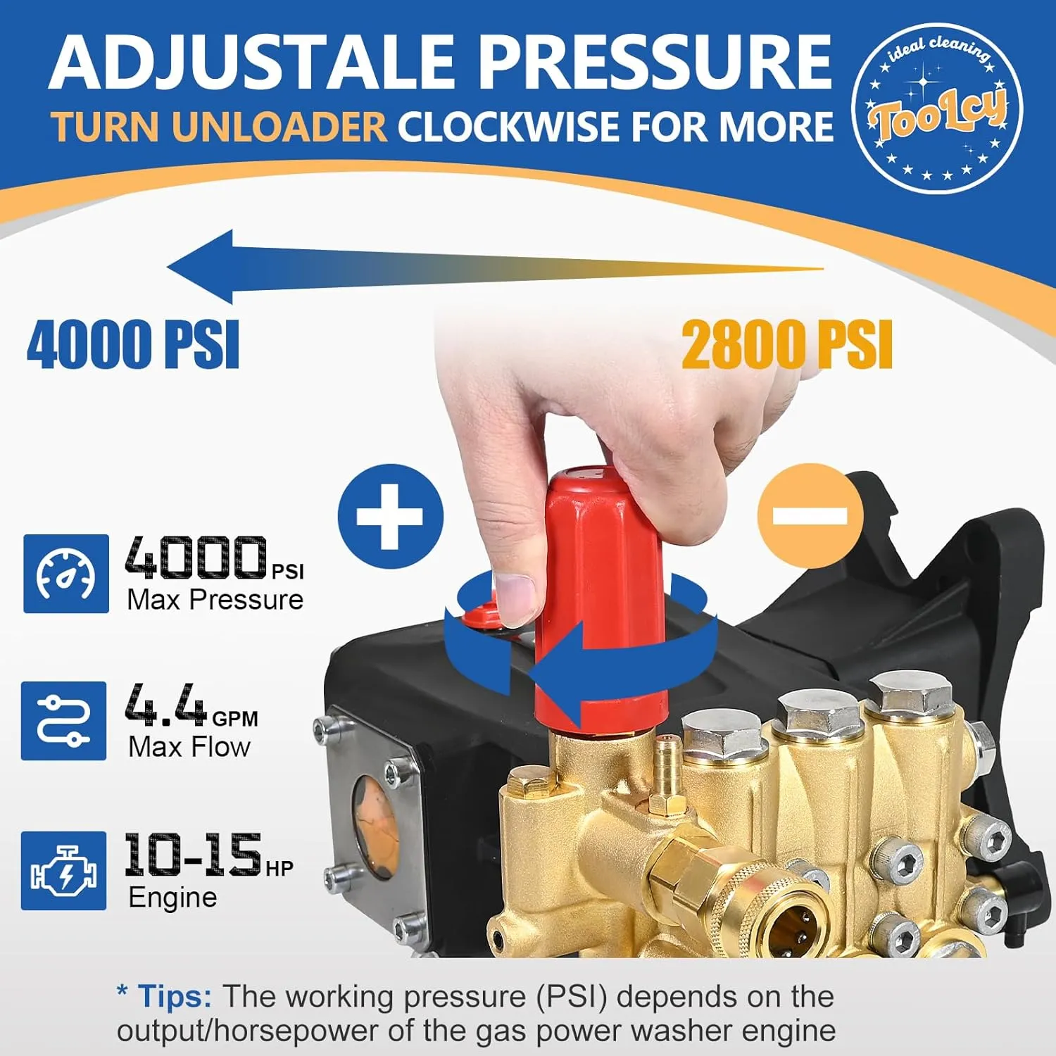 TOOLCY Pressure Washer Pump 3600-4000 PSI Max, 4 GPM Triplex Plunger Pressure Pump, Horizontal 1 inch Shaft Gas Power Washer Pump with Pressure Adjustment Unloader, Direct Drive
