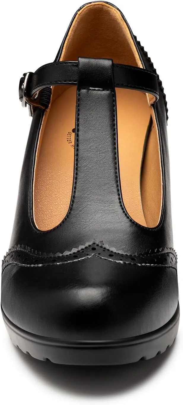 Trary Women's Pumps Classic T-Strap Round Toe Mary Jane Shoes for Women, Comfortable Low Chunky Block Heels Oxfords Dress Work Pumps Shoes for Women
