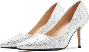 Tsrenlmln Rhinestone Pumps for Women Fashion Sparkly Stiletto Heels with Low Heel Womens Slip-on Wedding Dress Shoes