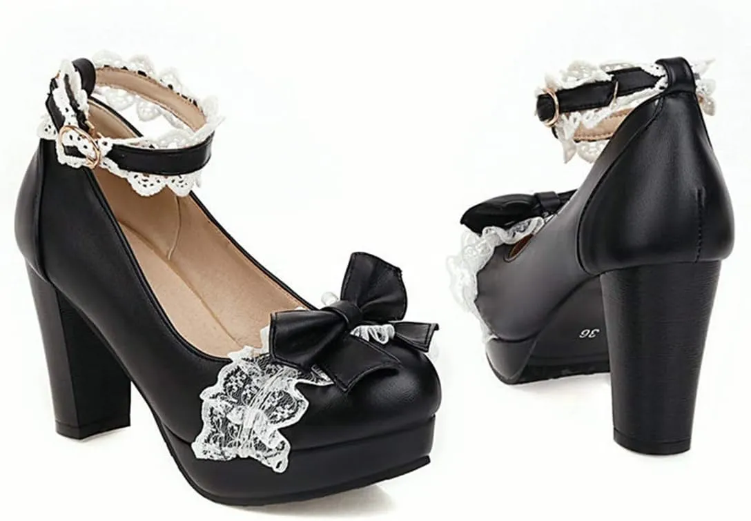 VOKLIN Women's Girls Lolita Platform Mary Jane Pumps Sweet Bow Ankle Strap Block High Heel Oxford Dress Shoes