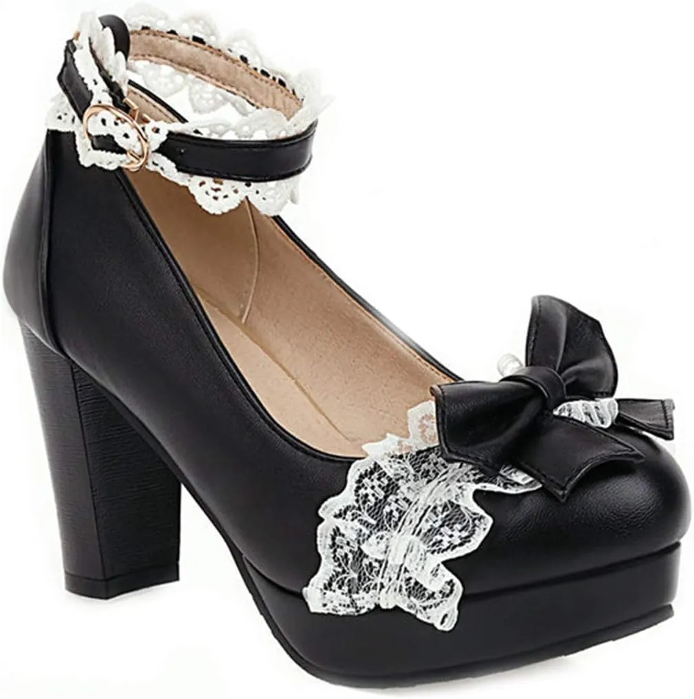 VOKLIN Women's Girls Lolita Platform Mary Jane Pumps Sweet Bow Ankle Strap Block High Heel Oxford Dress Shoes