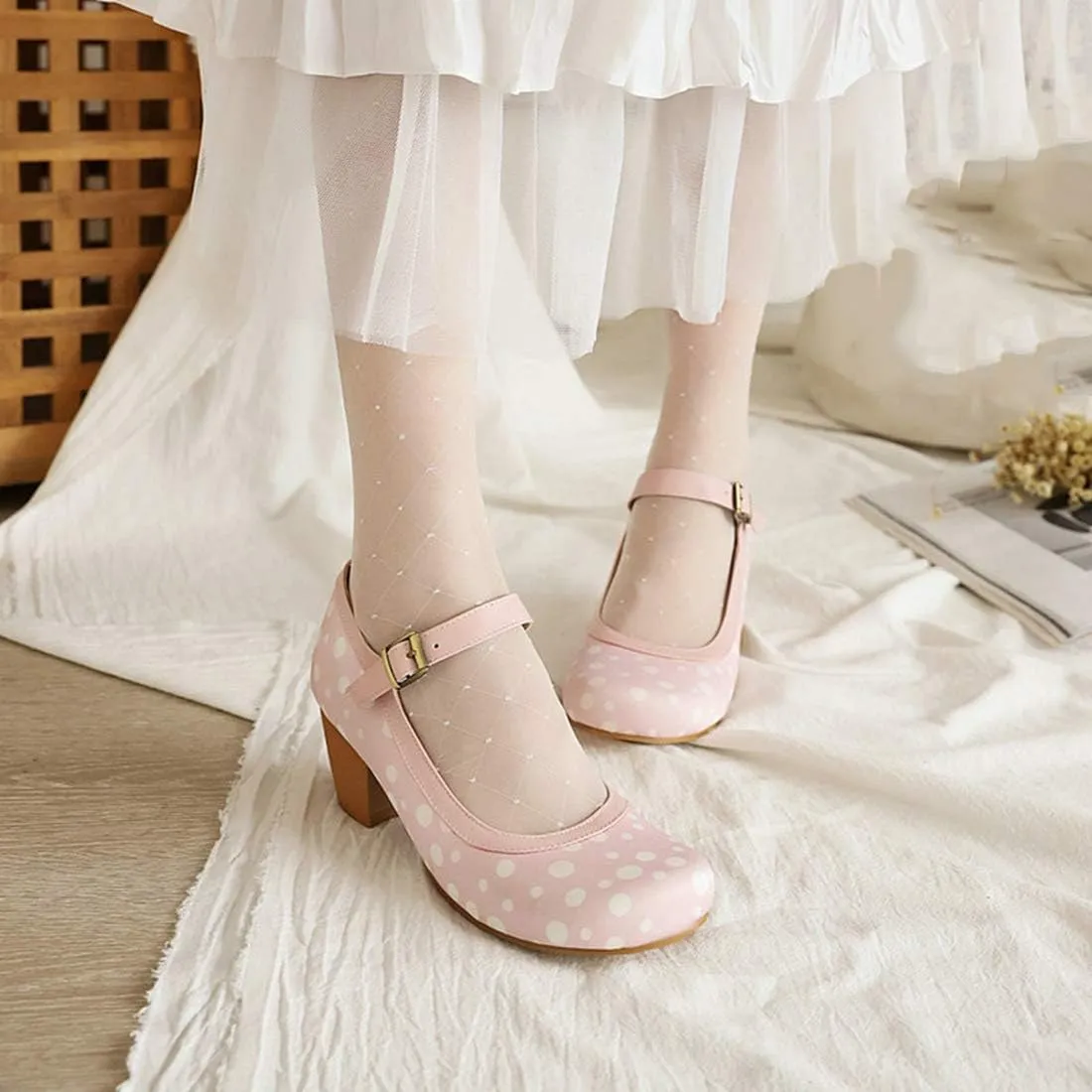 VOKLIN Women's Ladies Retro Mary Jane Pumps Round Toe Ankle Strap Chunky Block Mid Heel Oxford Dress Shoes