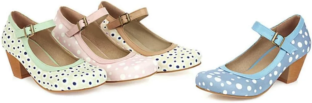 VOKLIN Women's Ladies Retro Mary Jane Pumps Round Toe Ankle Strap Chunky Block Mid Heel Oxford Dress Shoes