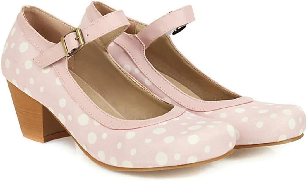 VOKLIN Women's Ladies Retro Mary Jane Pumps Round Toe Ankle Strap Chunky Block Mid Heel Oxford Dress Shoes