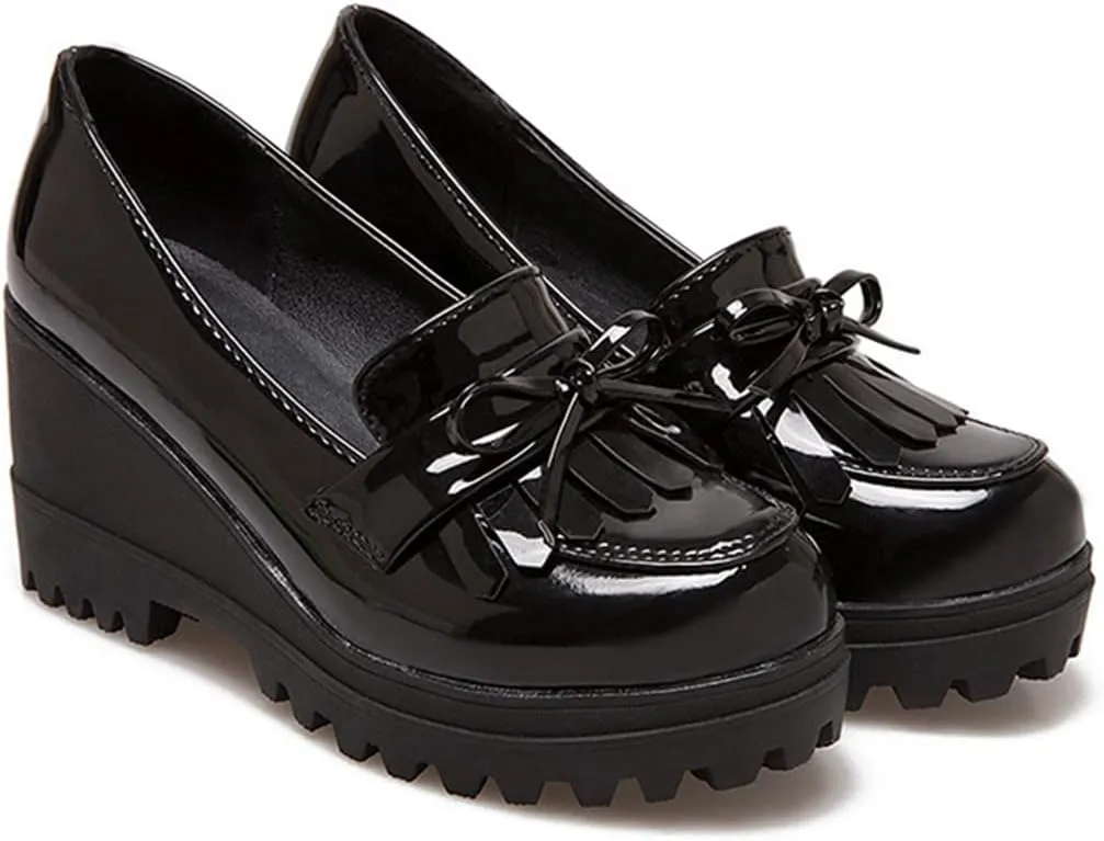 VOKLIN Women's Platform Tassels Oxford Shoes Slip On Comfortable Chunky High Heel Fringed Dress Wedge Shoe