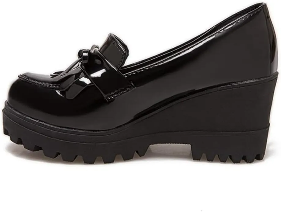VOKLIN Women's Platform Tassels Oxford Shoes Slip On Comfortable Chunky High Heel Fringed Dress Wedge Shoe