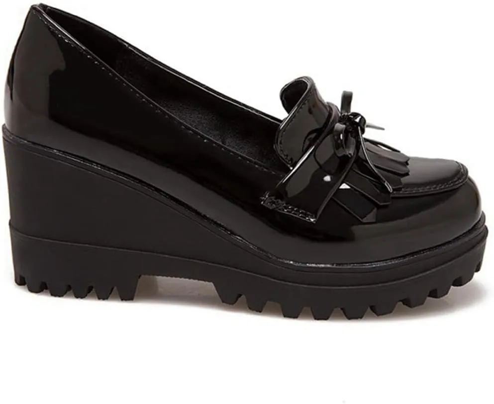 VOKLIN Women's Platform Tassels Oxford Shoes Slip On Comfortable Chunky High Heel Fringed Dress Wedge Shoe