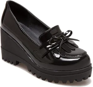 VOKLIN Women's Platform Tassels Oxford Shoes Slip On Comfortable Chunky High Heel Fringed Dress Wedge Shoe