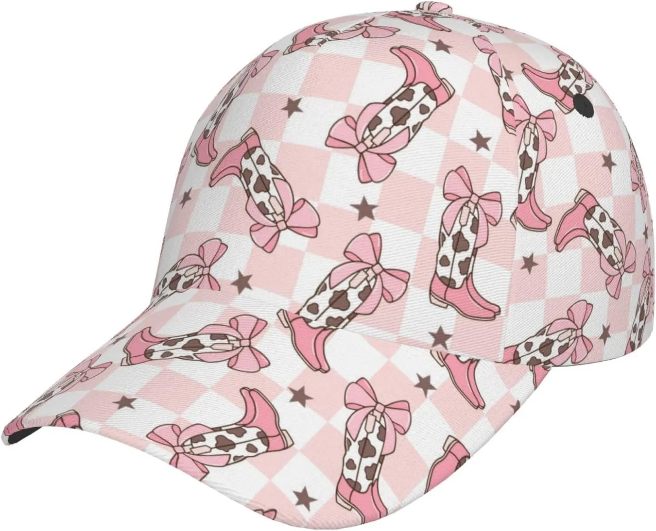 VOSERY Mens Womens Baseball Caps - Pink Checkerboard Cowgirl Boots Adjustable Hats for Women Men Dad Hat Trucker Baseball Cap