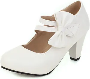 Women High Heel Mary Jane Dress Shoes Double Ankle Strap Sweet Bows Fashion Round Toe Uniform Pumps
