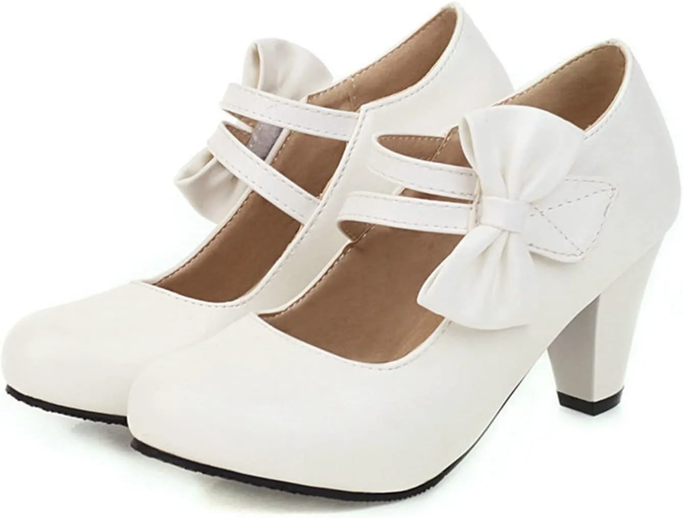 Women High Heel Mary Jane Dress Shoes Double Ankle Strap Sweet Bows Fashion Round Toe Uniform Pumps