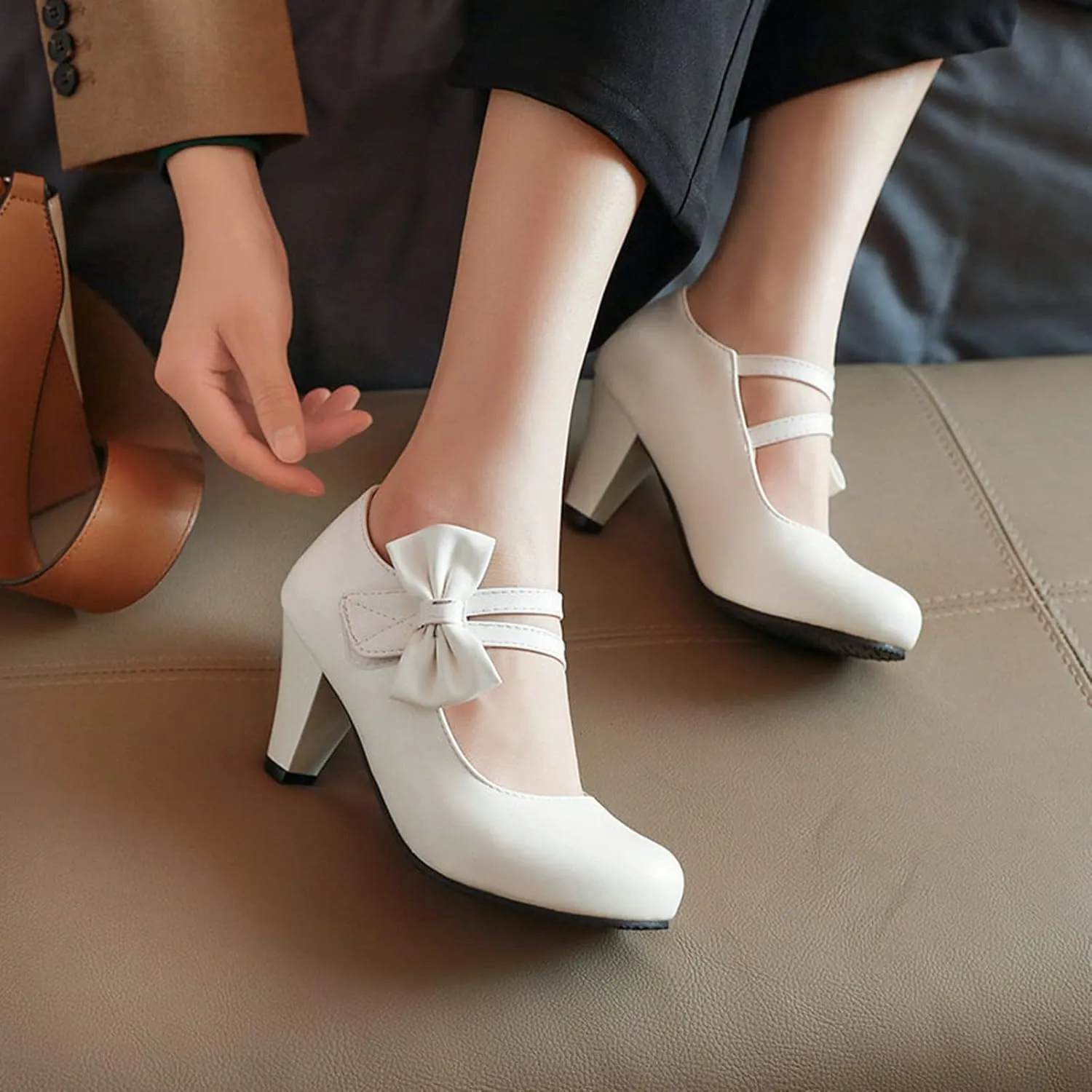 Women High Heel Mary Jane Dress Shoes Double Ankle Strap Sweet Bows Fashion Round Toe Uniform Pumps