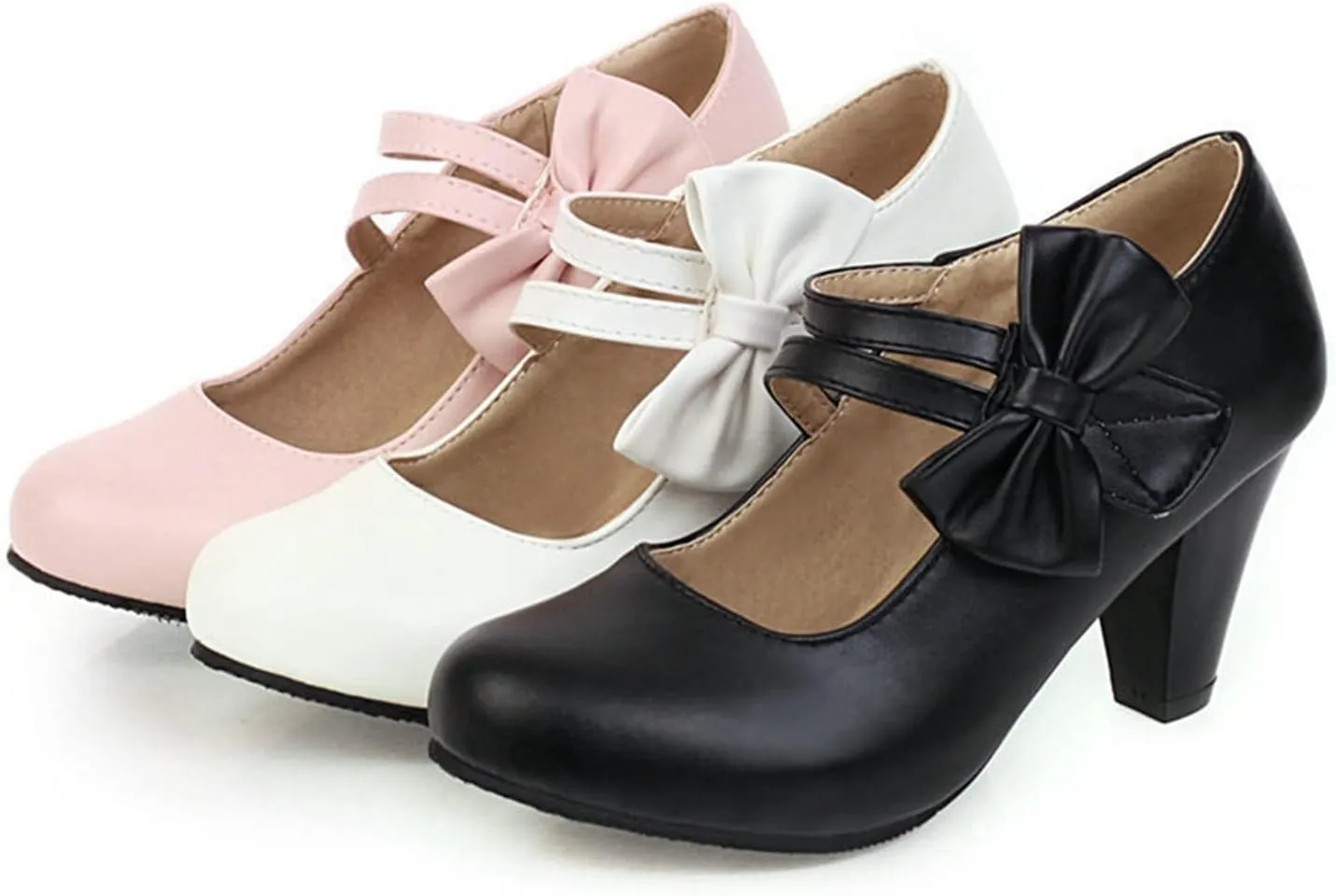 Women High Heel Mary Jane Dress Shoes Double Ankle Strap Sweet Bows Fashion Round Toe Uniform Pumps