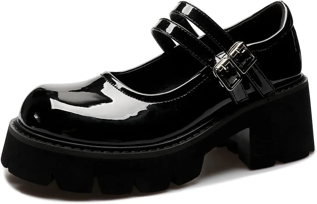 Women's Black Platform Mary Janes Chunky Heel Goth Shoes Y2K Dress Pumps with Anke Strap