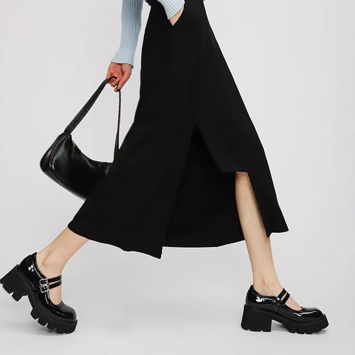 Women's Black Platform Mary Janes Chunky Heel Goth Shoes Y2K Dress Pumps with Anke Strap