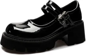 Women's Black Platform Mary Janes Chunky Heel Goth Shoes Y2K Dress Pumps with Anke Strap