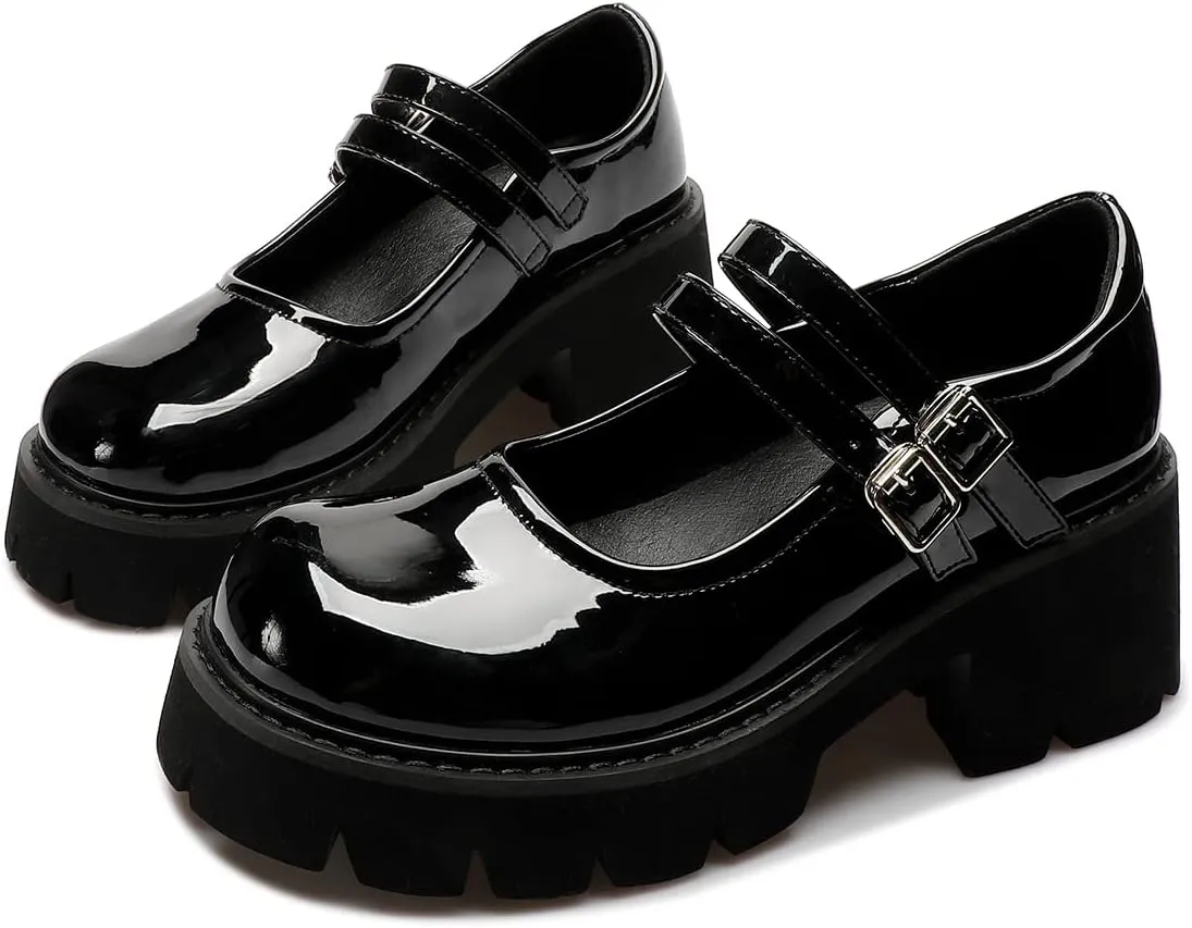 Women's Black Platform Mary Janes Chunky Heel Goth Shoes Y2K Dress Pumps with Anke Strap
