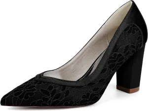 Women's Closed Toe Lace Chunky Block Heels for Women Wedding Shoes for The Bride Slip On Dressy Bridal Pumps