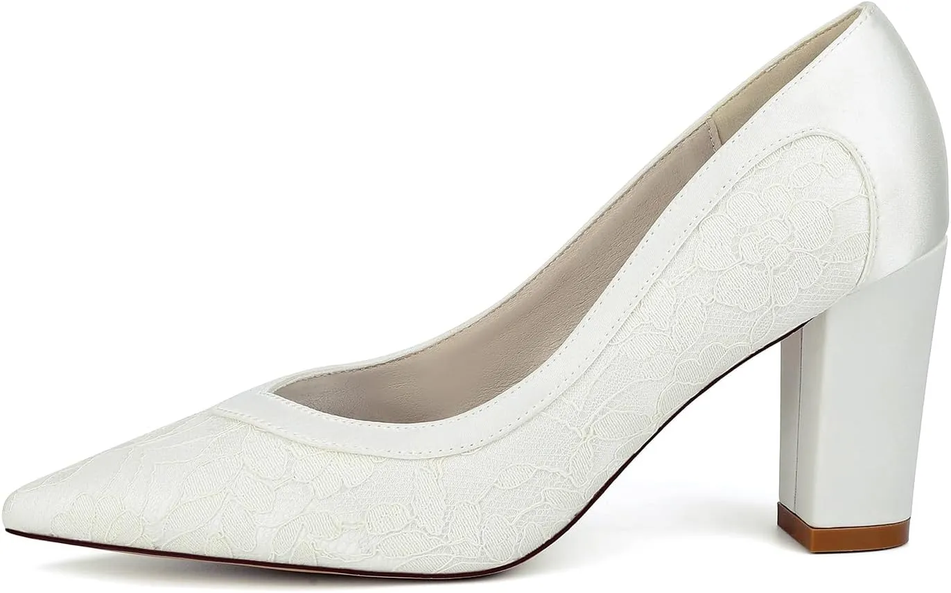 Women's Closed Toe Lace Chunky Block Heels for Women Wedding Shoes for The Bride Slip On Dressy Bridal Pumps