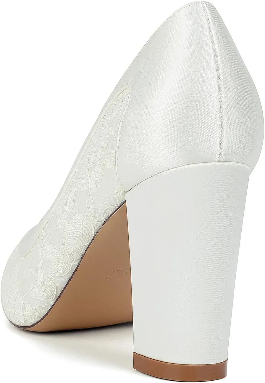 Women's Closed Toe Lace Chunky Block Heels for Women Wedding Shoes for The Bride Slip On Dressy Bridal Pumps