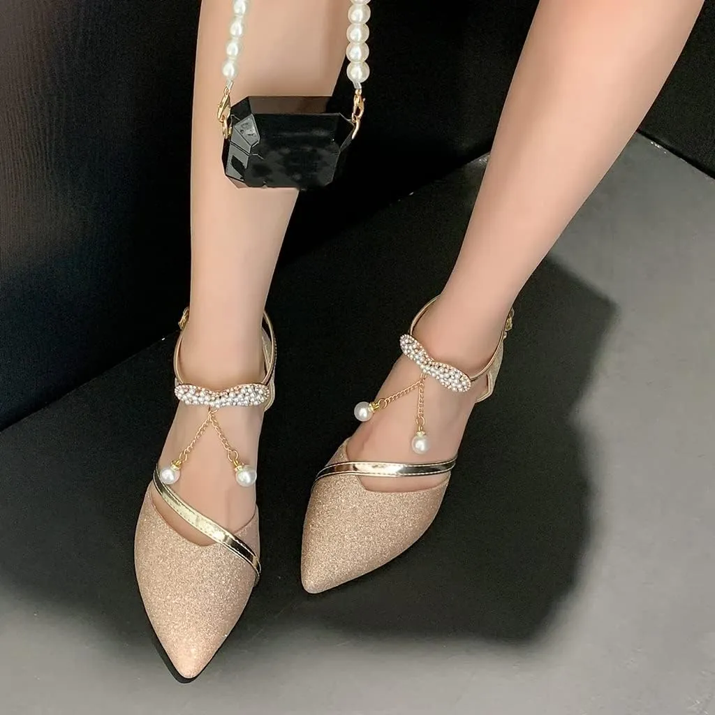 Women's Fashion Glitter Kitten Low Heel D'Orsay Pumps Pointed Toe Bow Pearls Wedding Party Sandal Shoes