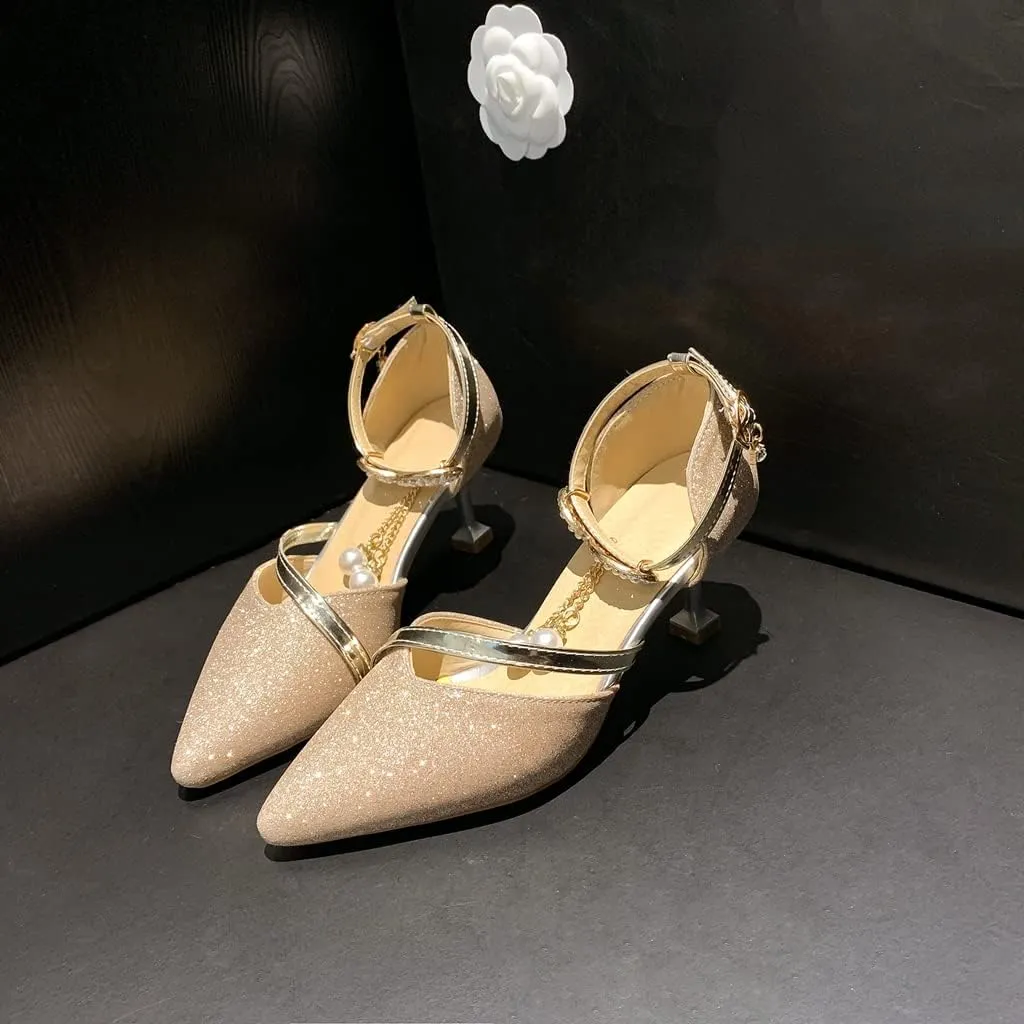 Women's Fashion Glitter Kitten Low Heel D'Orsay Pumps Pointed Toe Bow Pearls Wedding Party Sandal Shoes