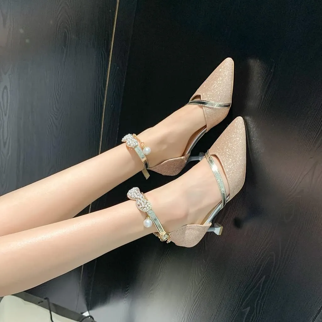 Women's Fashion Glitter Kitten Low Heel D'Orsay Pumps Pointed Toe Bow Pearls Wedding Party Sandal Shoes