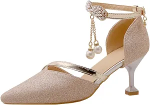 Women's Fashion Glitter Kitten Low Heel D'Orsay Pumps Pointed Toe Bow Pearls Wedding Party Sandal Shoes