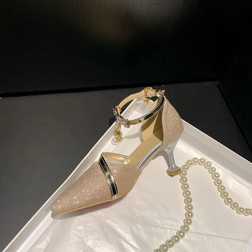 Women's Fashion Glitter Kitten Low Heel D'Orsay Pumps Pointed Toe Bow Pearls Wedding Party Sandal Shoes
