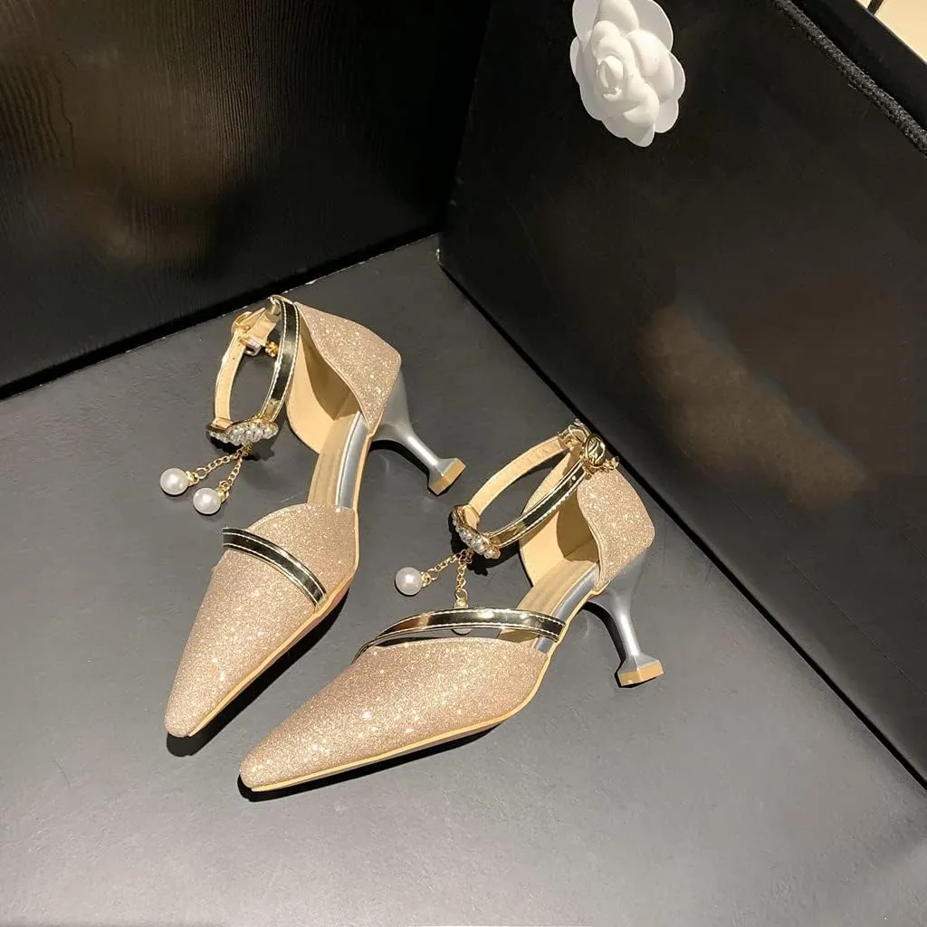 Women's Fashion Glitter Kitten Low Heel D'Orsay Pumps Pointed Toe Bow Pearls Wedding Party Sandal Shoes