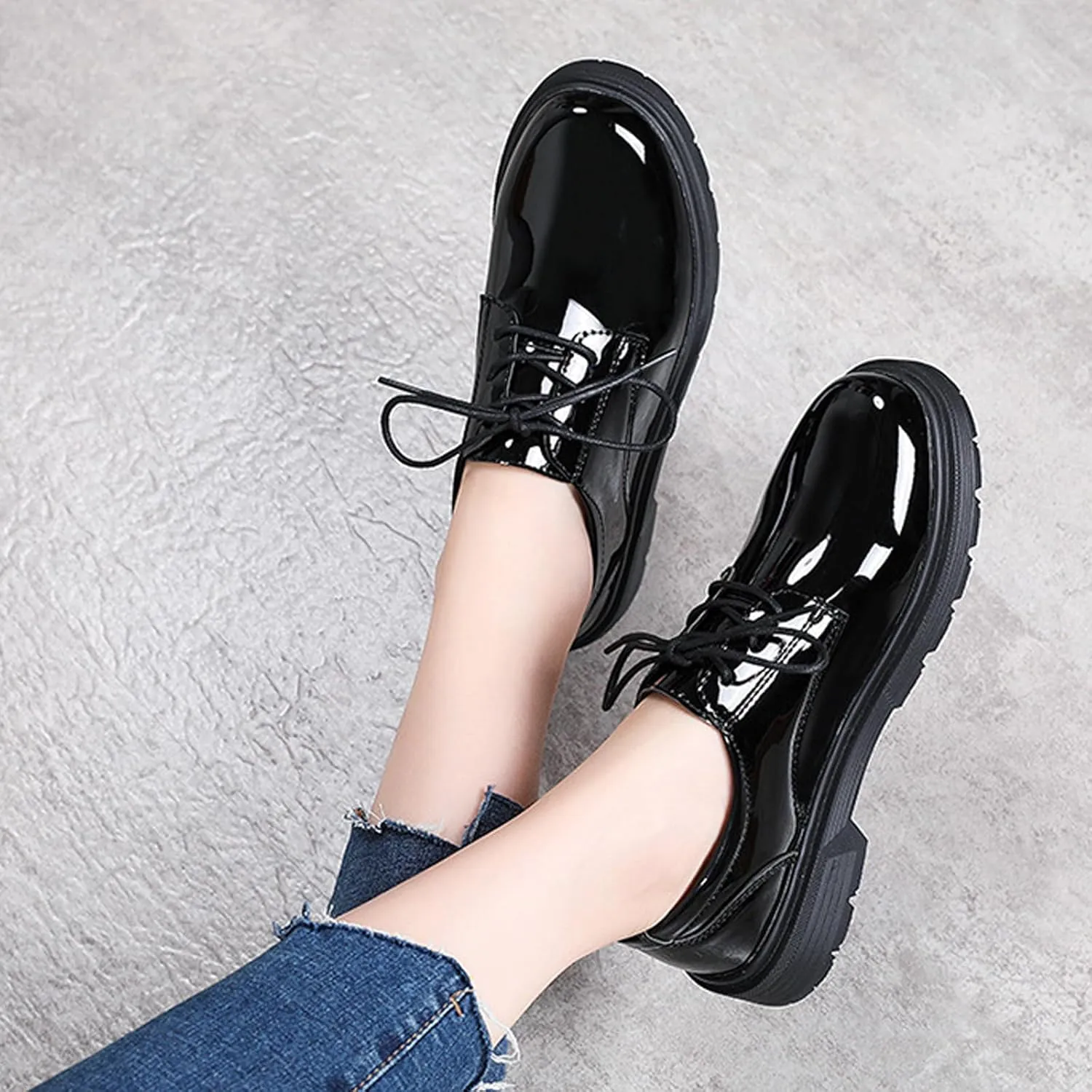 Women's Leather Chunky Platform Oxfords Classic Round Toe Lace-Up Anti-Slip Lug Soft Bottom Dress Shoes Casual Breathable Work Business Office Walking Shoe