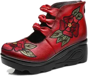 Women's Leather Classic Round Toe Platform Wedges Mary Jane Pump Shoes