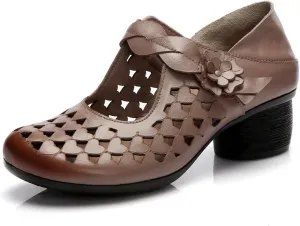 Women's Leather Hollow Chunky Heel Mary Janes Casual Round Toe Hook and Loop Soft Non-Slip Dress Pumps Comfort Flower Evening Dating Sandals
