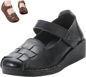 Women's Leather Woven Closed-toe Wedge Sandals,Casual Comfy Cutout Ankle Strap Oxford Softsole Dress Mary Jane Shoes