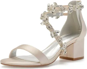 Women's Low Block Heel Sandals Chunky Ankle Strap Crystal Wedding Dress Shoes Low Heel Comfortable Pump Sandals