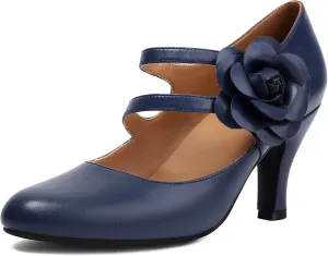 Women's Mary Jane Close Round Toe 1930s Vintage 1950s Heels Flower Double Straps Retro 1920s Victorian Pumps Shoes
