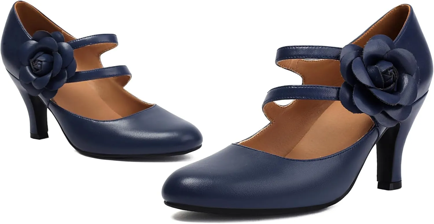 Women's Mary Jane Close Round Toe 1930s Vintage 1950s Heels Flower Double Straps Retro 1920s Victorian Pumps Shoes