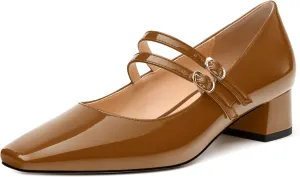 Womens Mary Jane Pumps, Square Toe Low Block Heel Pump Shoes for Women, Daily Comfort Mary Jane Pumps with Two Straps 1.3"
