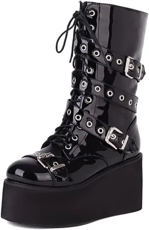 Womens Platform Mid Calf Combat Boots Winter Lace Up Wedge Heel Studded Goth Punk Buckle Motorcycle Knee High Boots