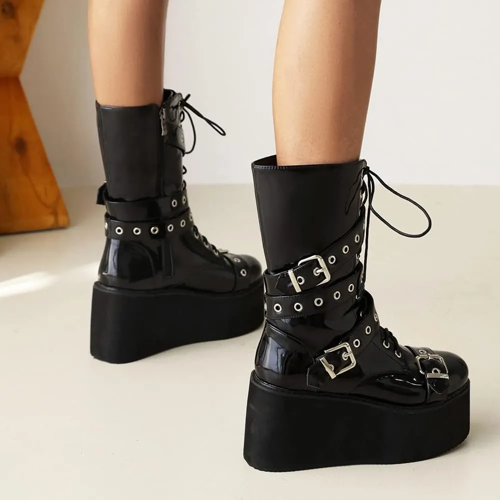 Womens Platform Mid Calf Combat Boots Winter Lace Up Wedge Heel Studded Goth Punk Buckle Motorcycle Knee High Boots