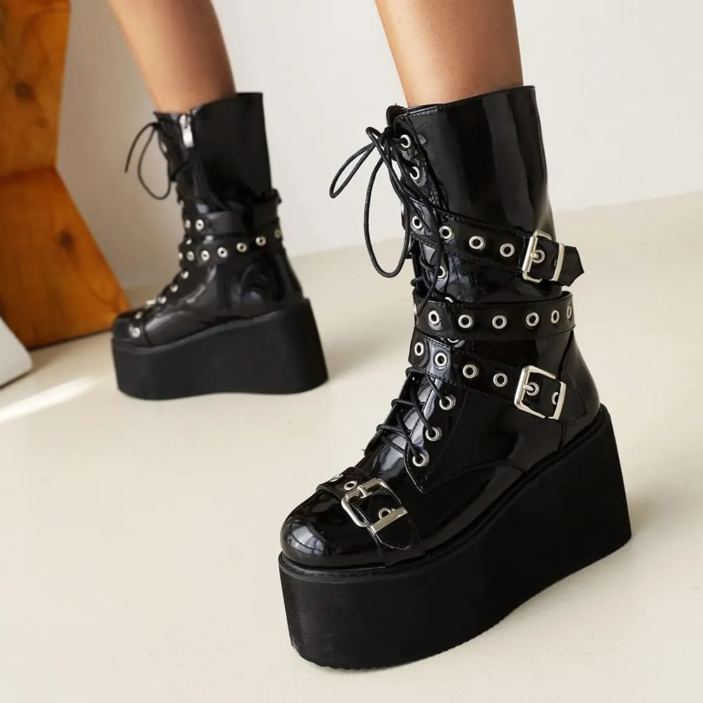 Womens Platform Mid Calf Combat Boots Winter Lace Up Wedge Heel Studded Goth Punk Buckle Motorcycle Knee High Boots