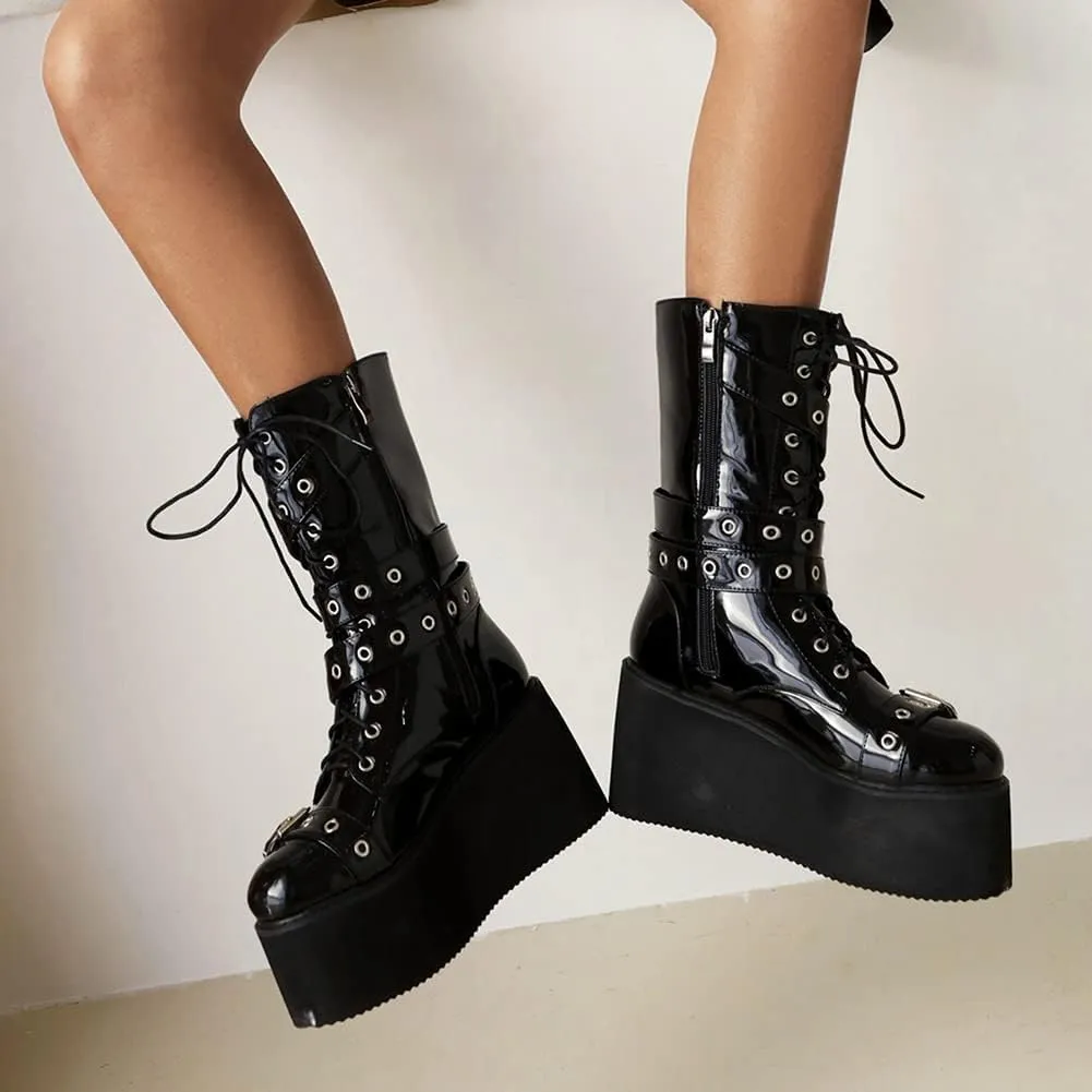 Womens Platform Mid Calf Combat Boots Winter Lace Up Wedge Heel Studded Goth Punk Buckle Motorcycle Knee High Boots
